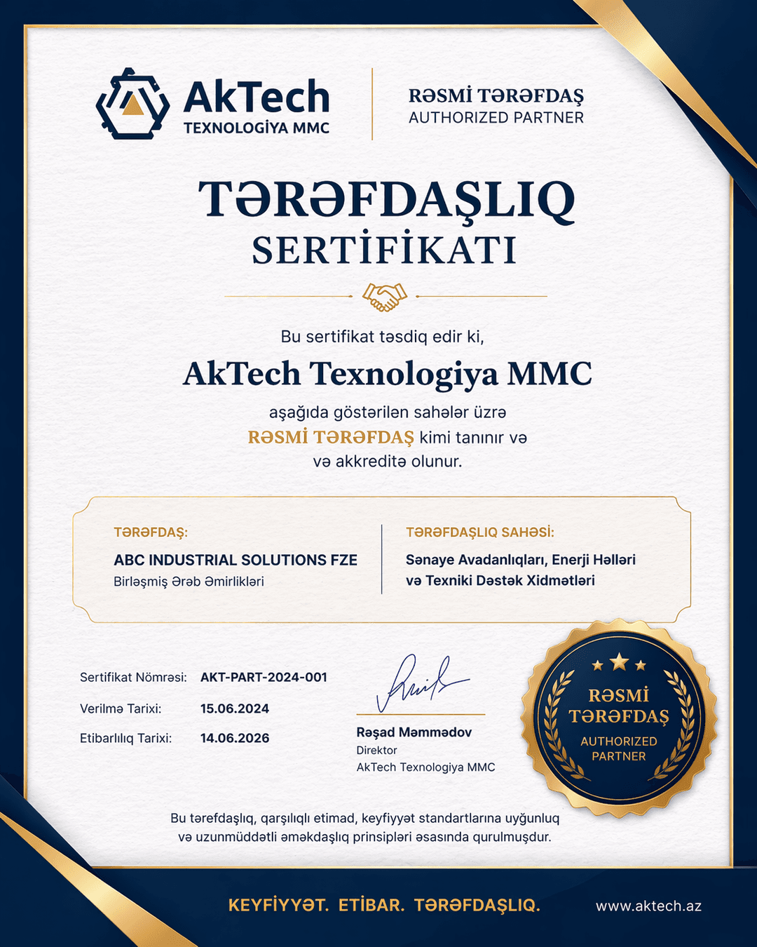 Rəsmi tərəfdaşlıq sertifikatı